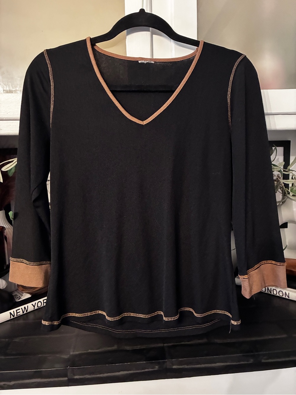 Black V-Neck Long Sleeve Top with Tan Trim